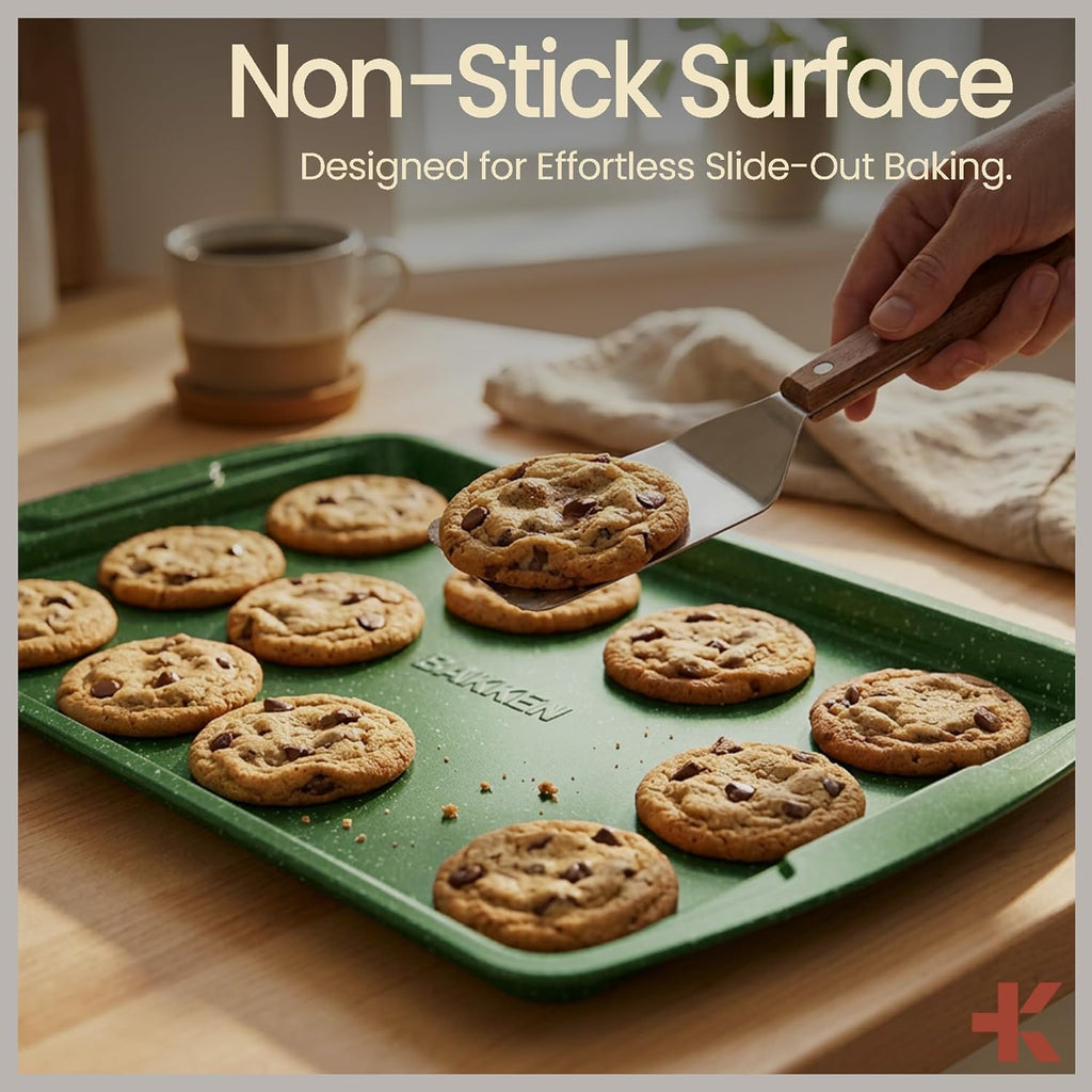 BAKKEN Baking Pan Set - Nonstick Green Marble Coating, Commercial Grade Carbon Steel | Oven Safe Up to 450°F, Set of 3