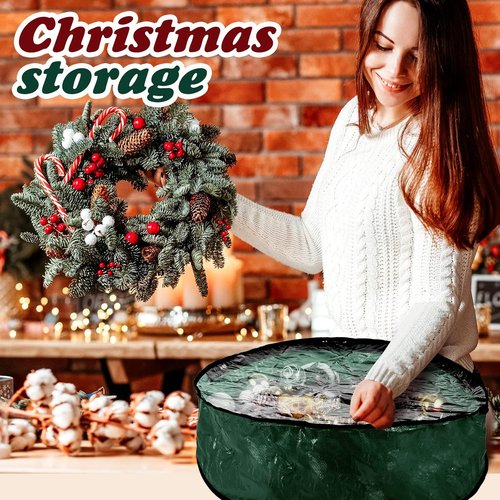 Dunzy Christmas Wreath Storage Bag - Tear-Resistant Fabric with Clear Window | 24x24x7.8 Inch, Green