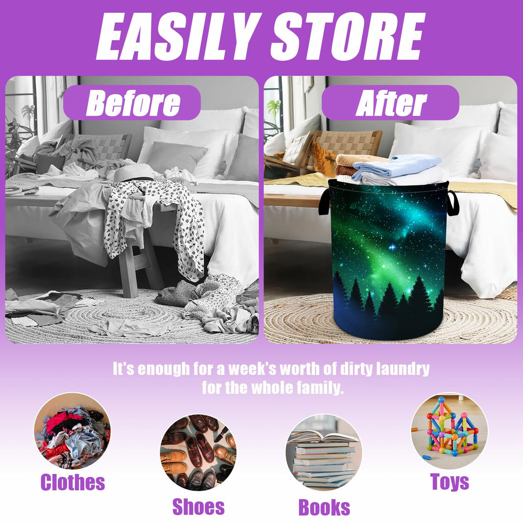 Starry Sky Forest Laundry Basket Foldable Laundry Hamper Tote Bag Storage Bucket Toy Organizer For Bathroom/Laundry/Bedroom（19.6x15.7inch）