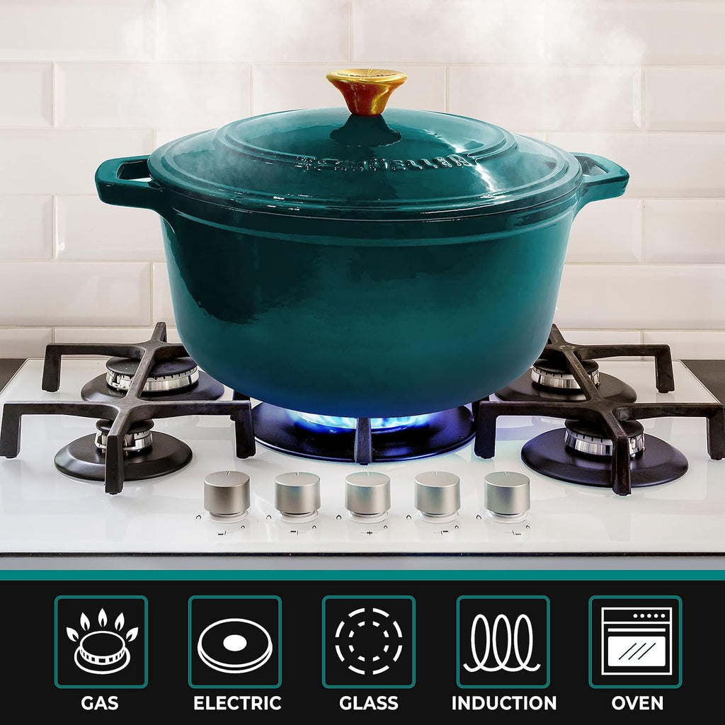 Mueller DuraCast Enameled Cast Iron Dutch Oven - 6 Quart, PFOA-Free, Oven Safe to 500°F | Ideal for Sourdough Baking, Emerald