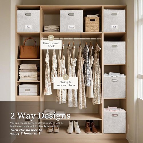 DECOMOMO Felt Storage Bins - 11 Inch Cube Storage Bins with Labels for Kallax Shelves | Beige (Set of 6)