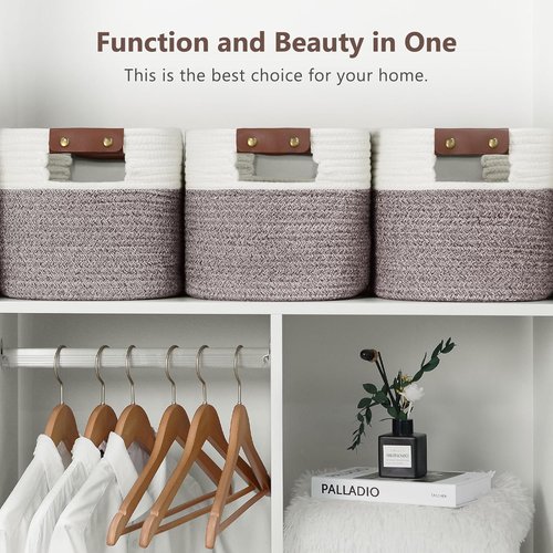 ECDYQXVU Cotton Rope Basket - Woven Storage Baskets with Handles | 15x10x9 Inch | White & Brown 2 Pack