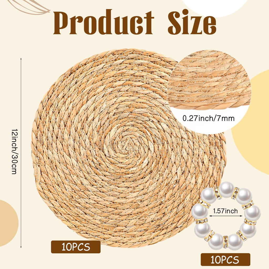 40 Pcs 12 Inch Round Woven Placemats with 20pcs Pearl Napkin Rings，Rattan Placemats Bulk Boho Woven Chargers Natural Water Hyacinth Place Mat for Wedding Party, Dinner Table
