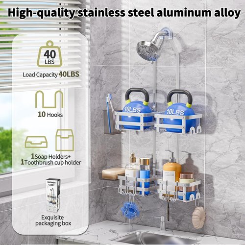 GAOKASE Aluminum Shower Caddy - Rustproof Hanging Organizer with 4 Levels & 10 Hooks - Silver