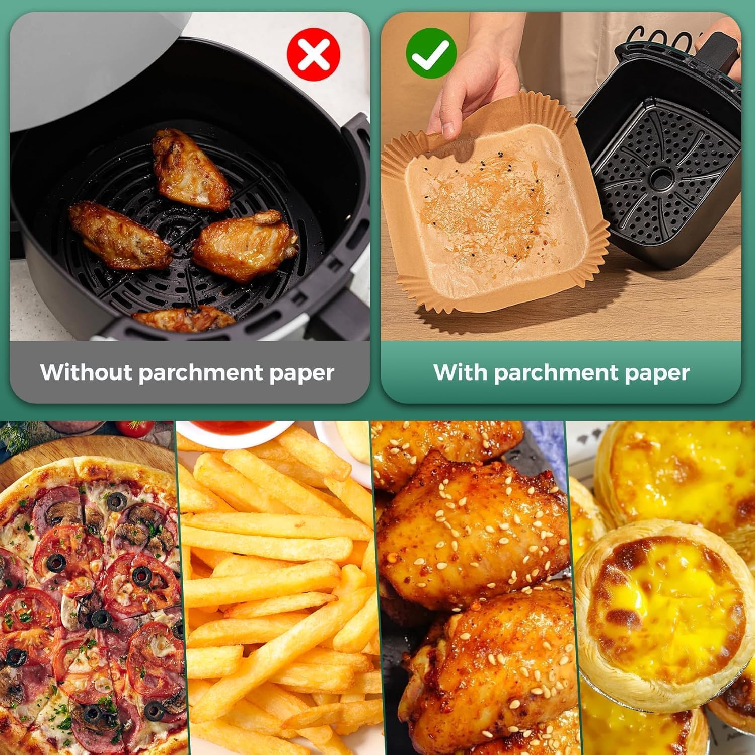 Skiennix Air Fryer Paper Liners - 400 Pcs Heavy-Duty Non-Stick Parchment for 2-4 Qt Baskets | 6.5" Square