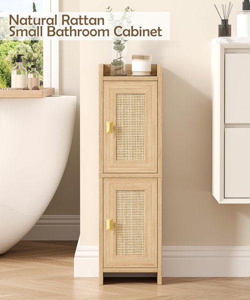 Akxomel Rattan Small Bathroom Cabinet - 2 Doors, Narrow Storage Solution for Small Spaces | Natural Oak Finish, 7.9''D x 7.9''W