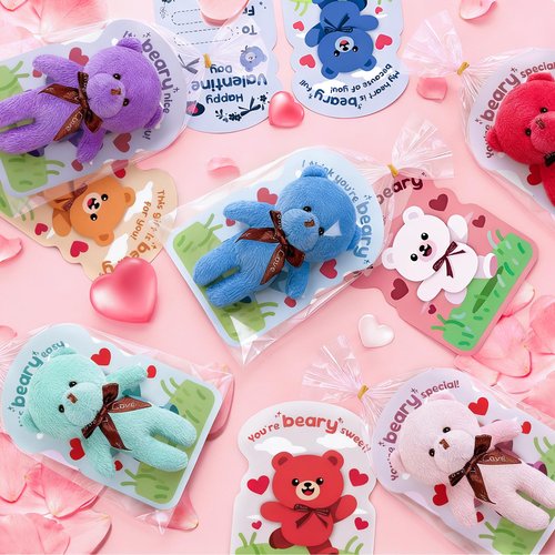 28 Packs Valentine's Day Gift for Kids - 4.7" Mini Plush Bear Stuffed Animals Bulk Keychain with Valentine's Day Cards for Kids School, Classroom Gift Exchange, Party Favor & Prize for Boys Girls