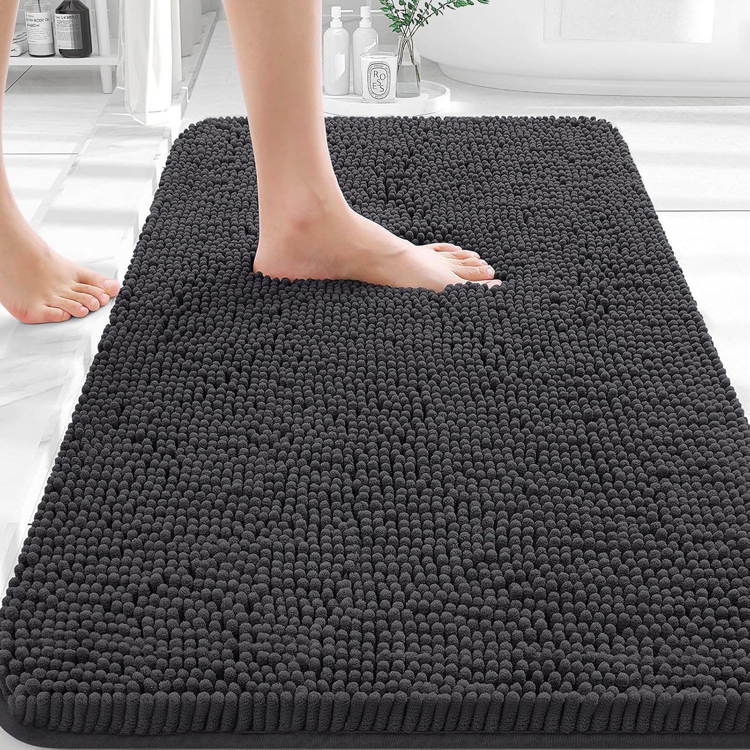 OLANLY Bath Rugs - Extra Soft Chenille Bathroom Mats | Quick-Dry, Machine Washable, 35x24, Dark Grey