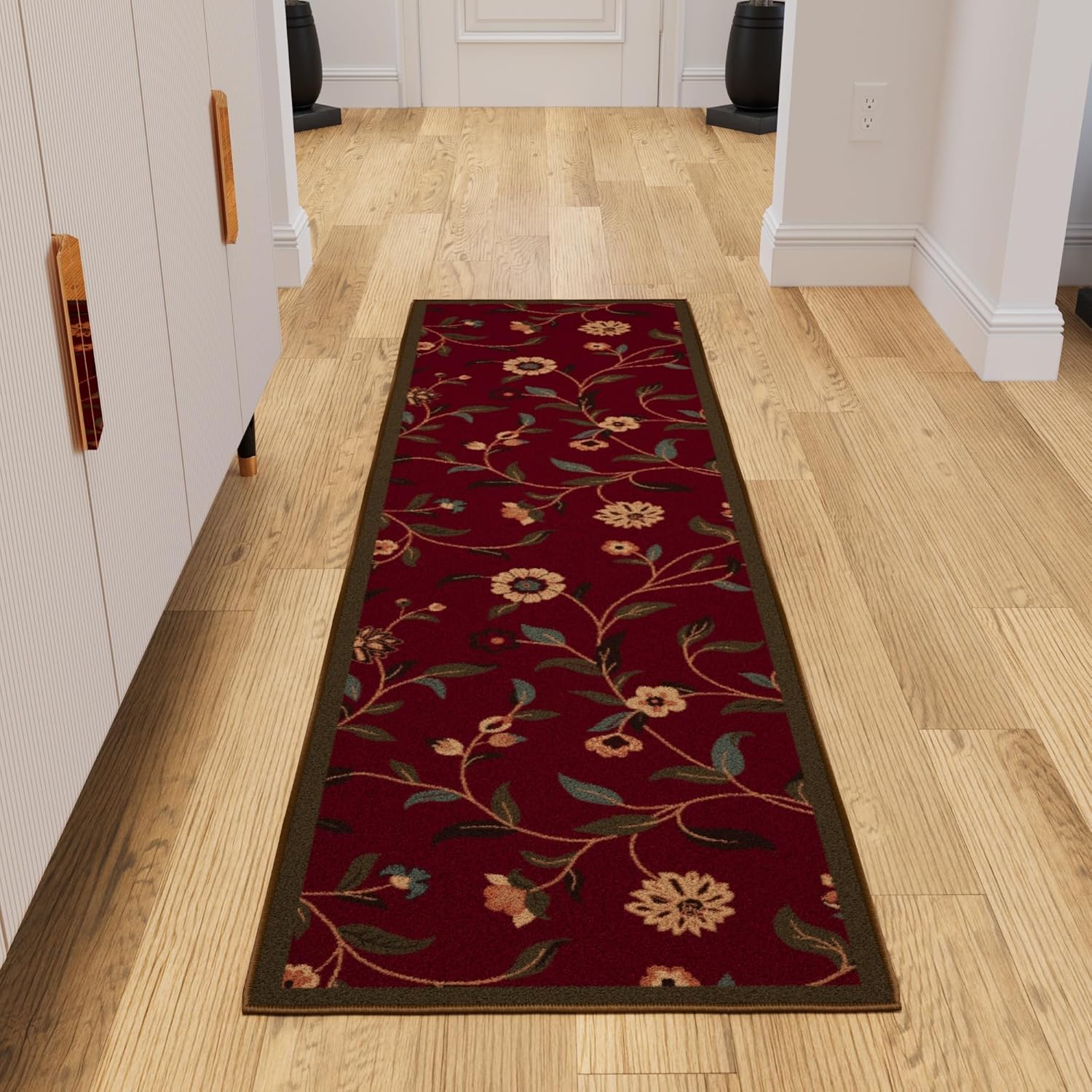 Ottomanson Hallway Runner Rug - Non-Slip Floral Design | Easy to Clean 1'10" x 6' Red Carpet for Entryway & Living Room