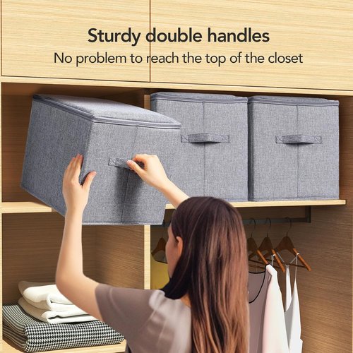Homsorout Linen Closet Organizers - Large Foldable Storage Bins with Lids | 3-Pack Dark Gray