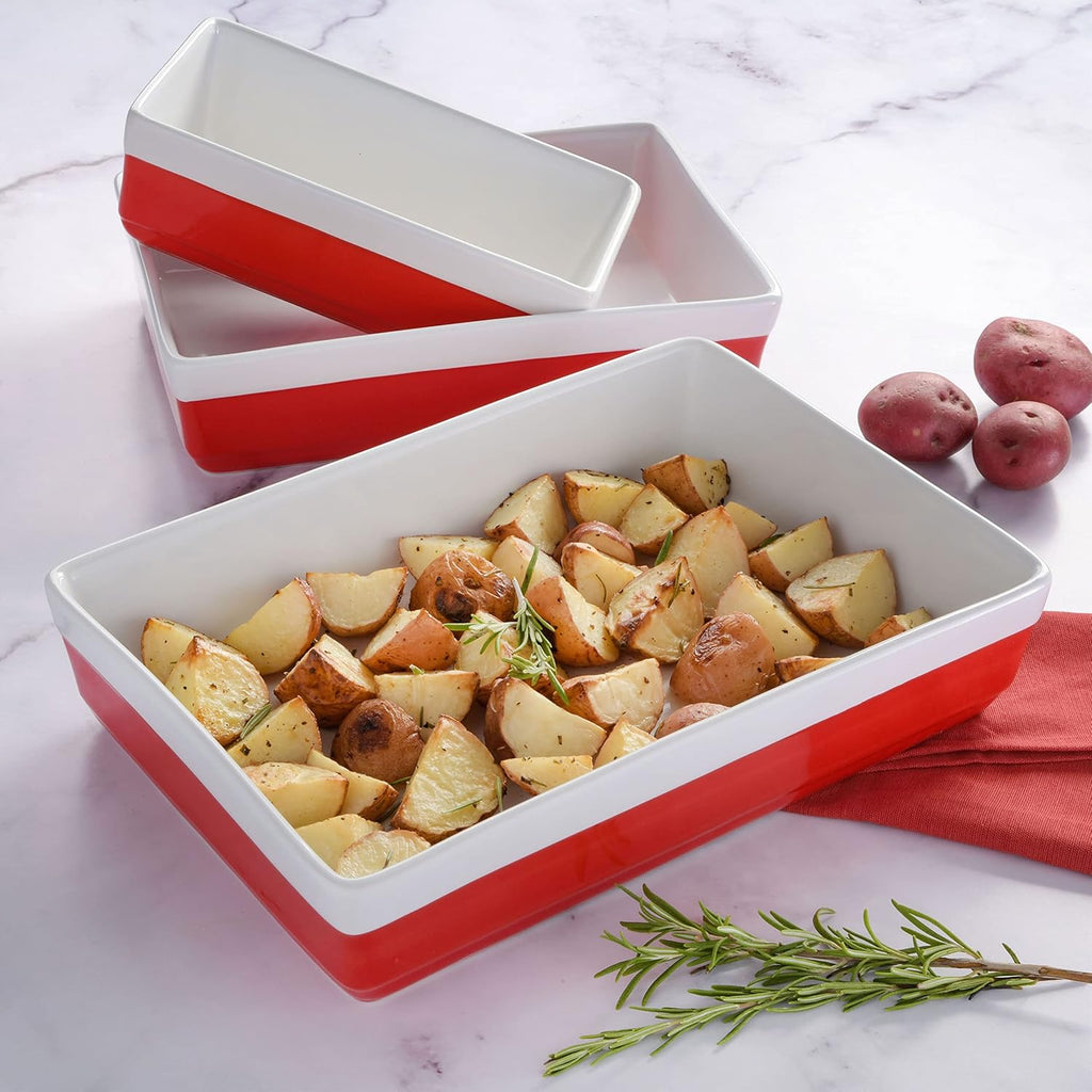 Martha Stewart 3-Piece Stoneware Bakeware Set - Durable Oven-Safe Baking Dish & Casserole - Red