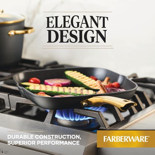 Farberware Forged Induction Ceramic Grill Pan - Nonstick, Dishwasher Safe, 11 Inch | Black and Gold