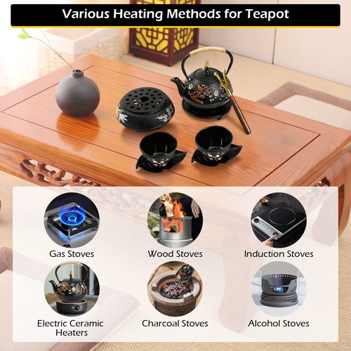 Dyna-Living Cast Iron Teapot with Warmer Japanese Tea Kettle 720ml/24.5oz Japanese Cast Iron Teapot Set with 2 Tea Cups Tea Pot with Infuser Tea Kettle for Wood Stove or Stovetop