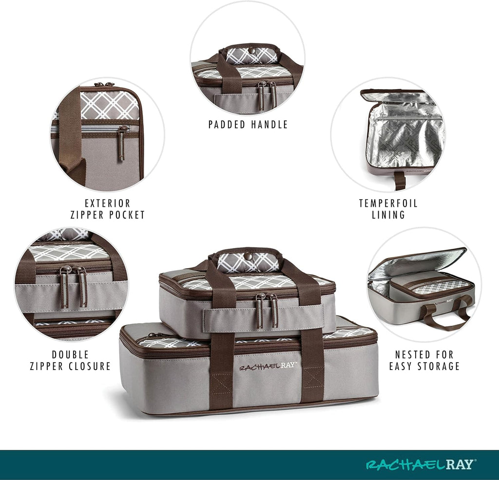 Rachael Ray Insulated Casserole Carrier - Thermal Lasagna Tote for Hot or Cold Food | Fits 9" x 13" Dish, Sea Salt Grey