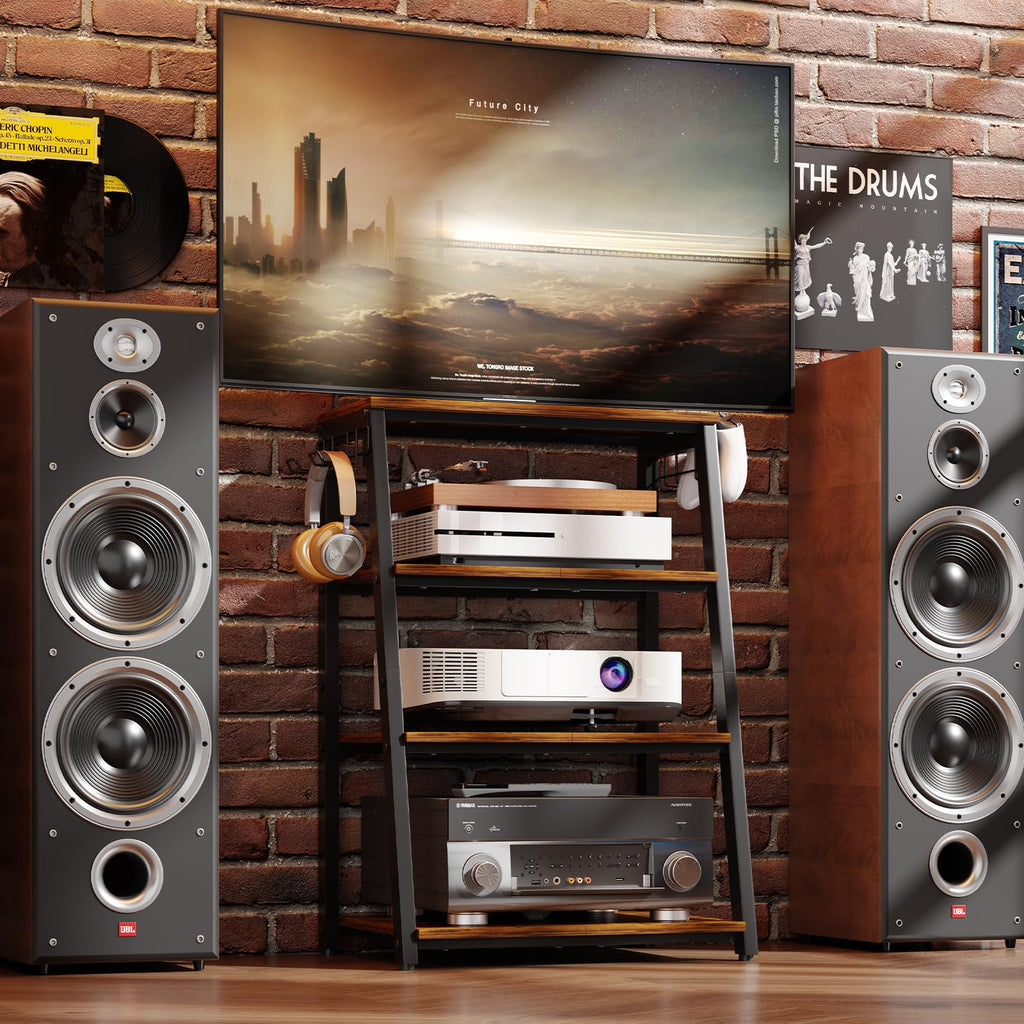 4-Tier AV Media Stand with 2 Hooks,Heavy Duty Stereo Cabinet Furniture-Large Stereo Rack and Game Console Stand,Wooden Record Player Stand,Audio Stand Perfect for DVD Players/Game Console/TV Box/Xbox