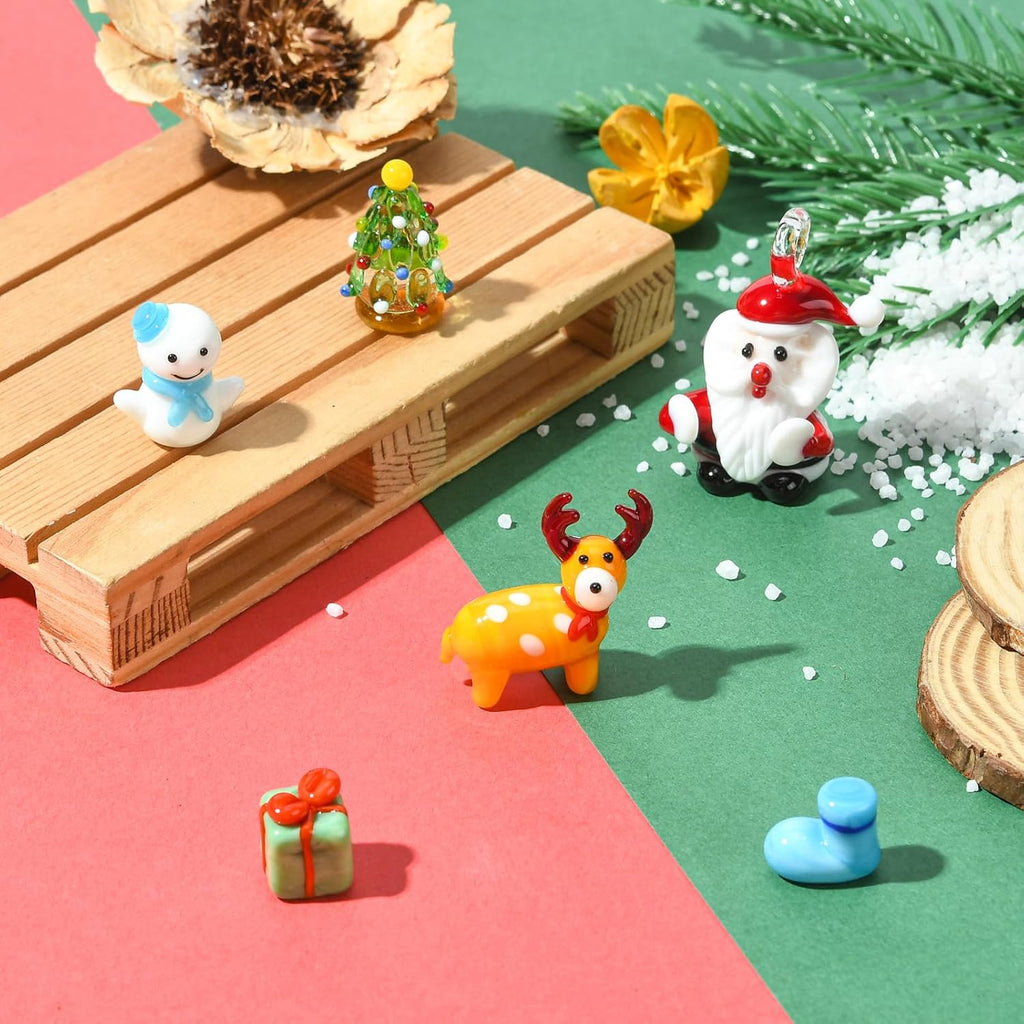 Skiennix 6Pcs Christmas Mini Glass Animal Figurines - Hand Blown Elk & Snowman Collectibles for Home Decor