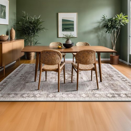 Farmhouse Living Room Rug by [Brand Name] - Washable 6x9 Non-Slip Boho Vintage Design in Beige/Latte