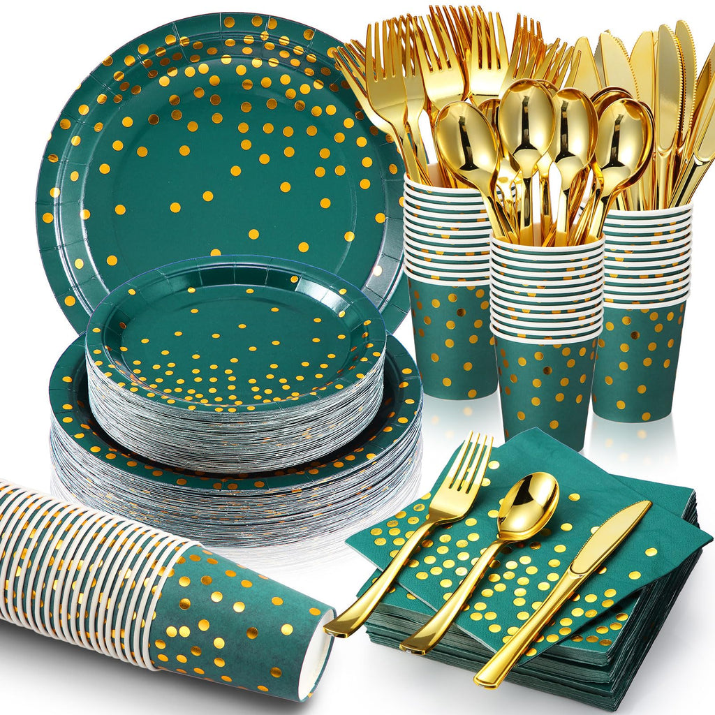 Sieral 560 Pcs Dark Green and Gold Party Supplies for 80 Guests Disposable Dinnerware Sets Green Paper Plates Napkin Cups Gold Plastic Fork Knives Spoons for Wedding Graduation Birthday Party