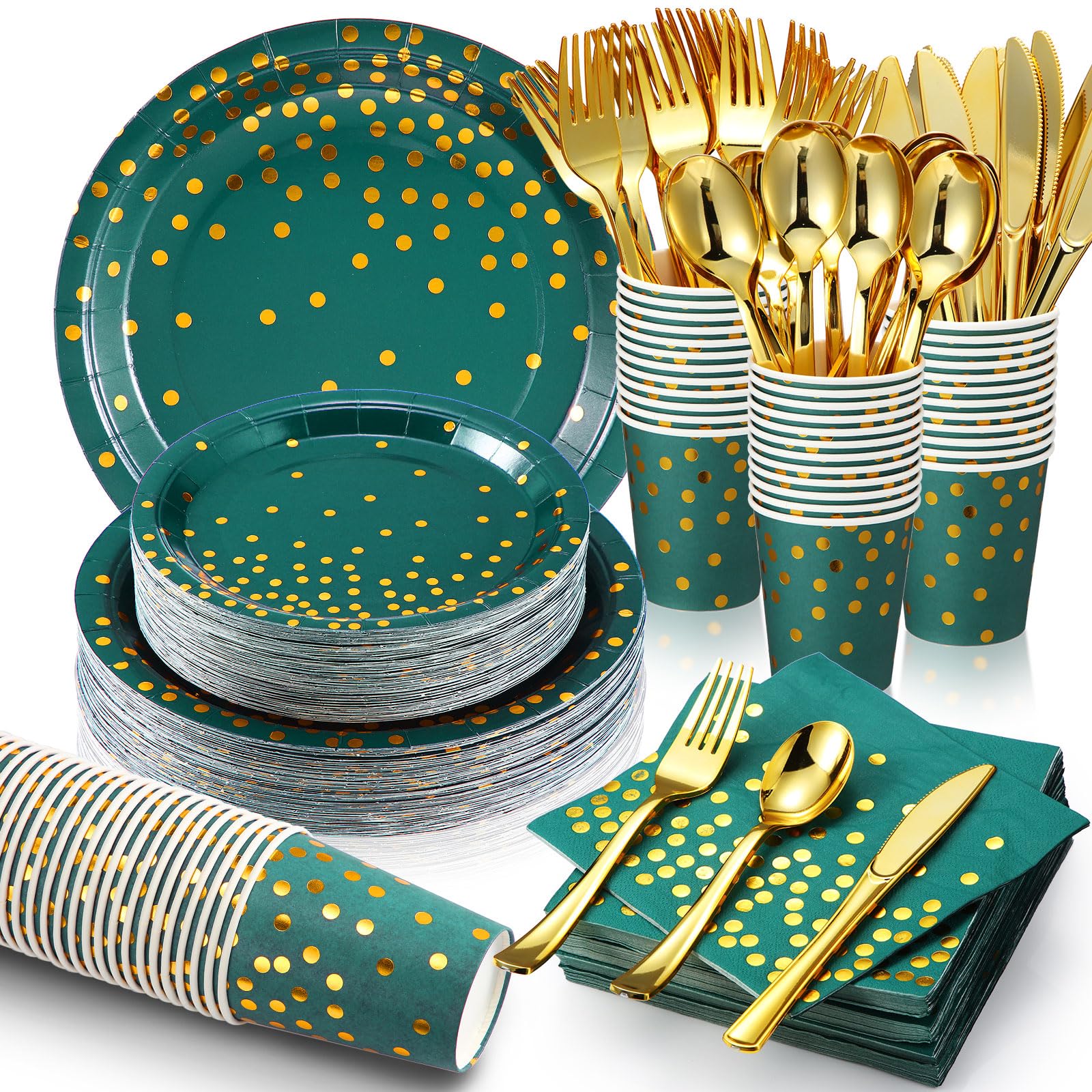 Sieral 560 Pcs Dark Green and Gold Party Supplies for 80 Guests Disposable Dinnerware Sets Green Paper Plates Napkin Cups Gold Plastic Fork Knives Spoons for Wedding Graduation Birthday Party