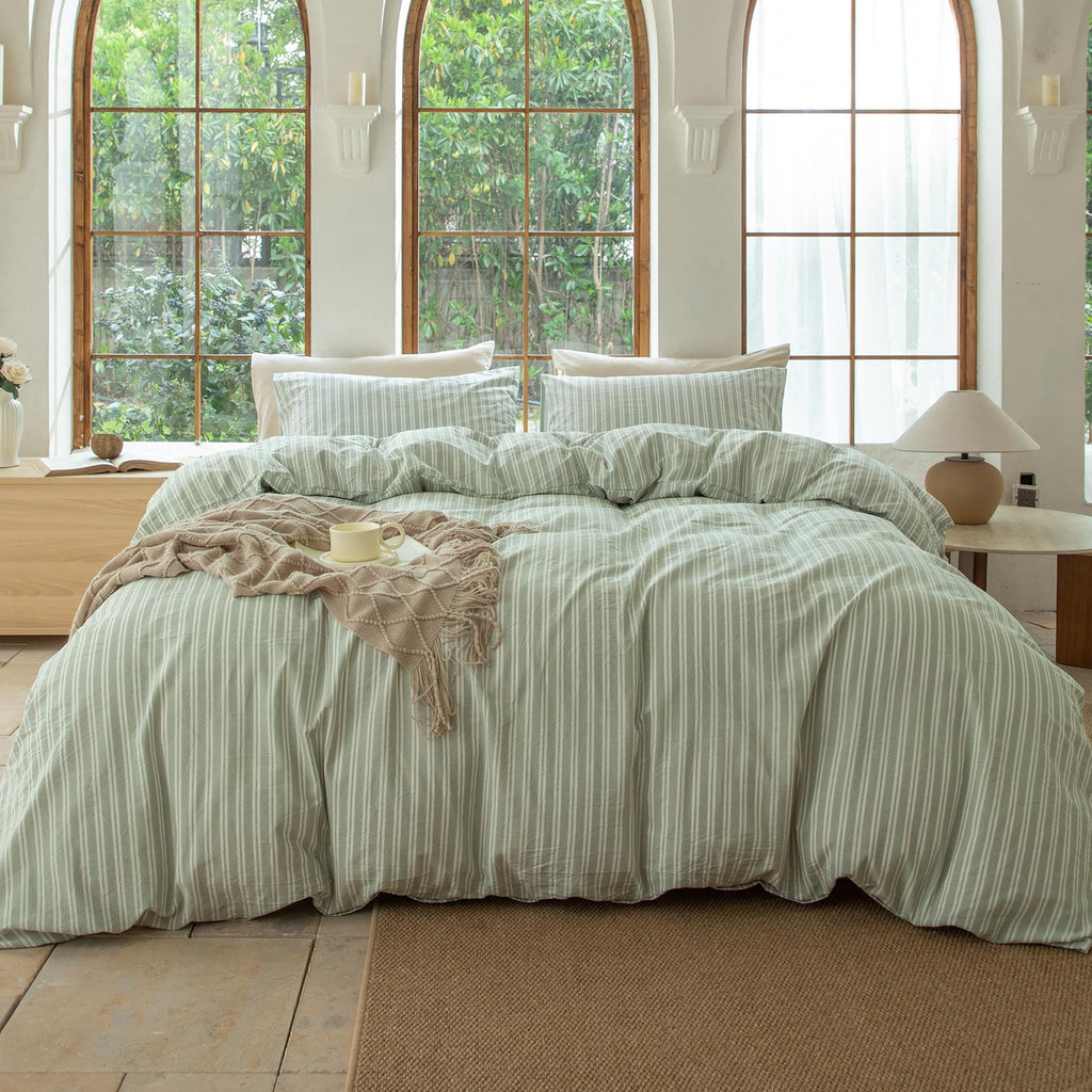 BESTDESIL Sage Green and White Striped Duvet Cover,100% Washed Cotton Breathable and Linen Like Bedding Set(Strip-Sage Green/White,Full)