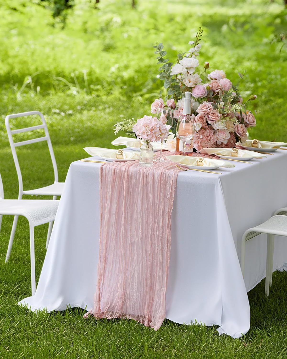 Pureegg Cheesecloth Table Runner - 120'' Boho Gauze for Easter, Baby Shower & Wedding | Dusty Pink