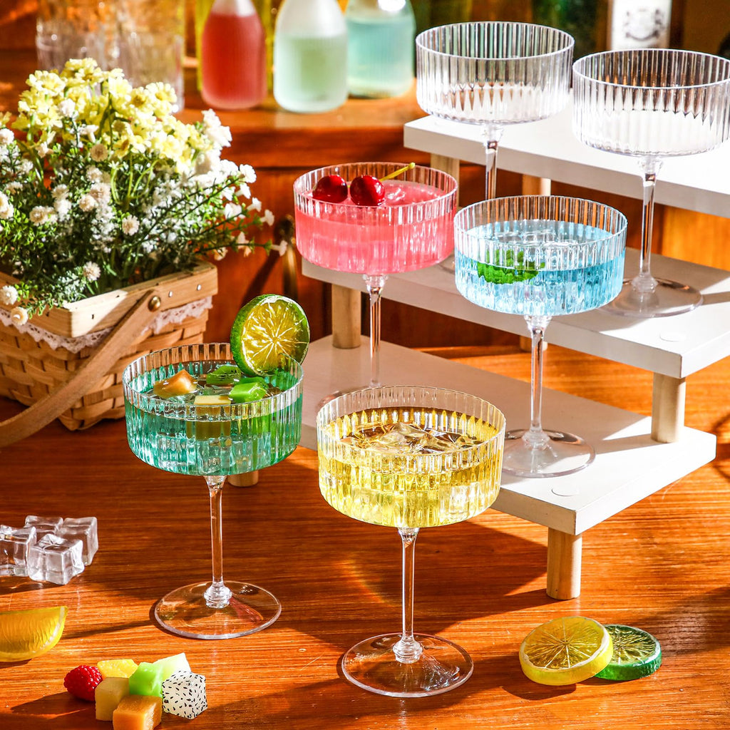 Jingmore 48 Pcs Ribbed Martini Glasses 10 oz Disposable Plastic Vintage Ribbed Coupe Glasses Unbreakable Dessert Parfait Glassware for Wedding Birthday Party Supplies (Clear)