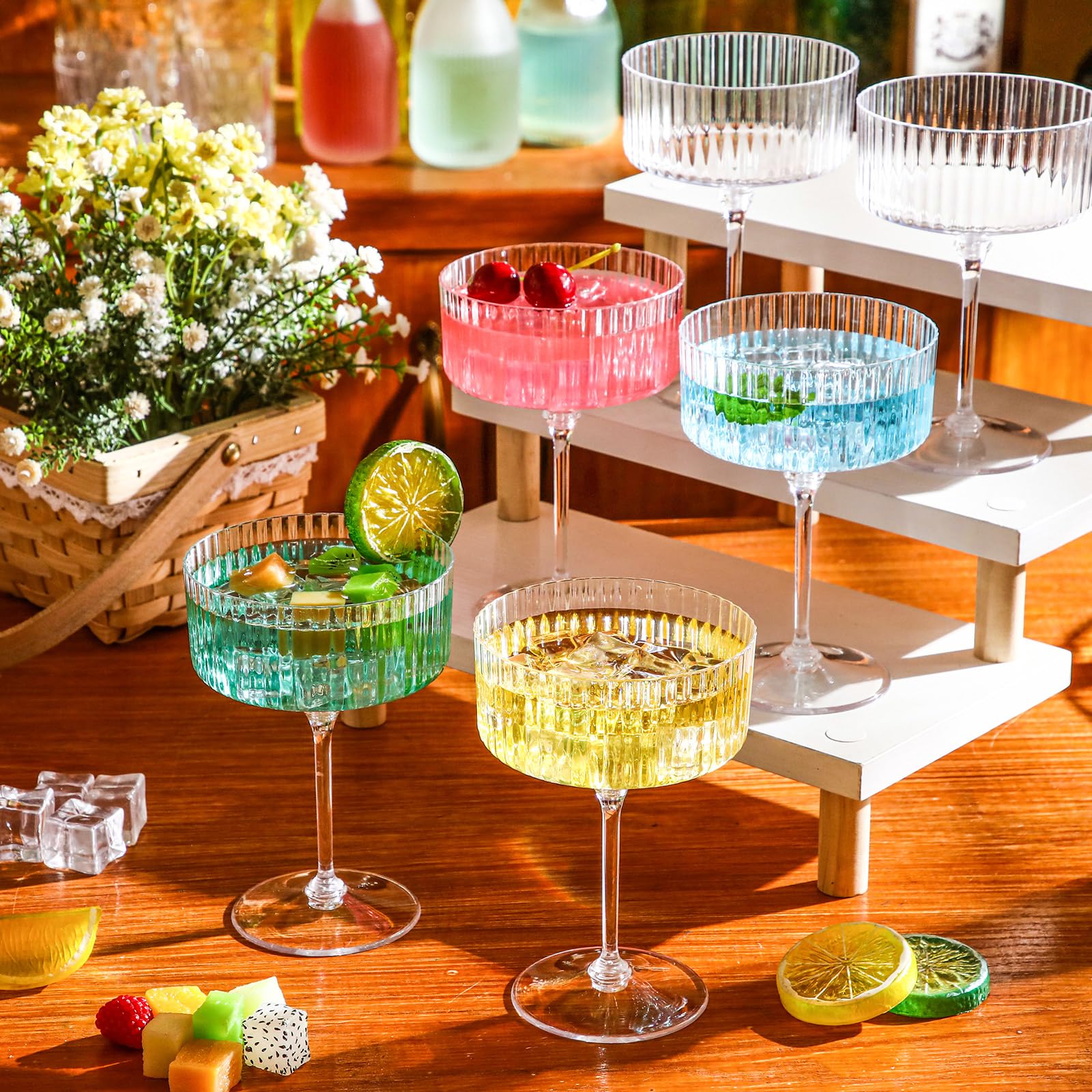 Jingmore 48 Pcs Ribbed Martini Glasses 10 oz Disposable Plastic Vintage Ribbed Coupe Glasses Unbreakable Dessert Parfait Glassware for Wedding Birthday Party Supplies (Clear)