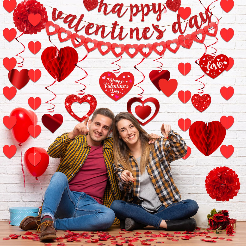 26Pcs Valentines Day Decorations Hanging Swirls Valentines Day Decorations Happy Valentine's Day Love Heart Garlands Banner Paper Honeycomb for Home Classroom Office Wedding Party Anniversary