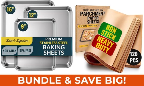 Baker's Signature Stainless Steel Baking Sheet Set | Includes 120 Pcs Parchment Paper – Non-Toxic, Silicone Coated, 12x16 In