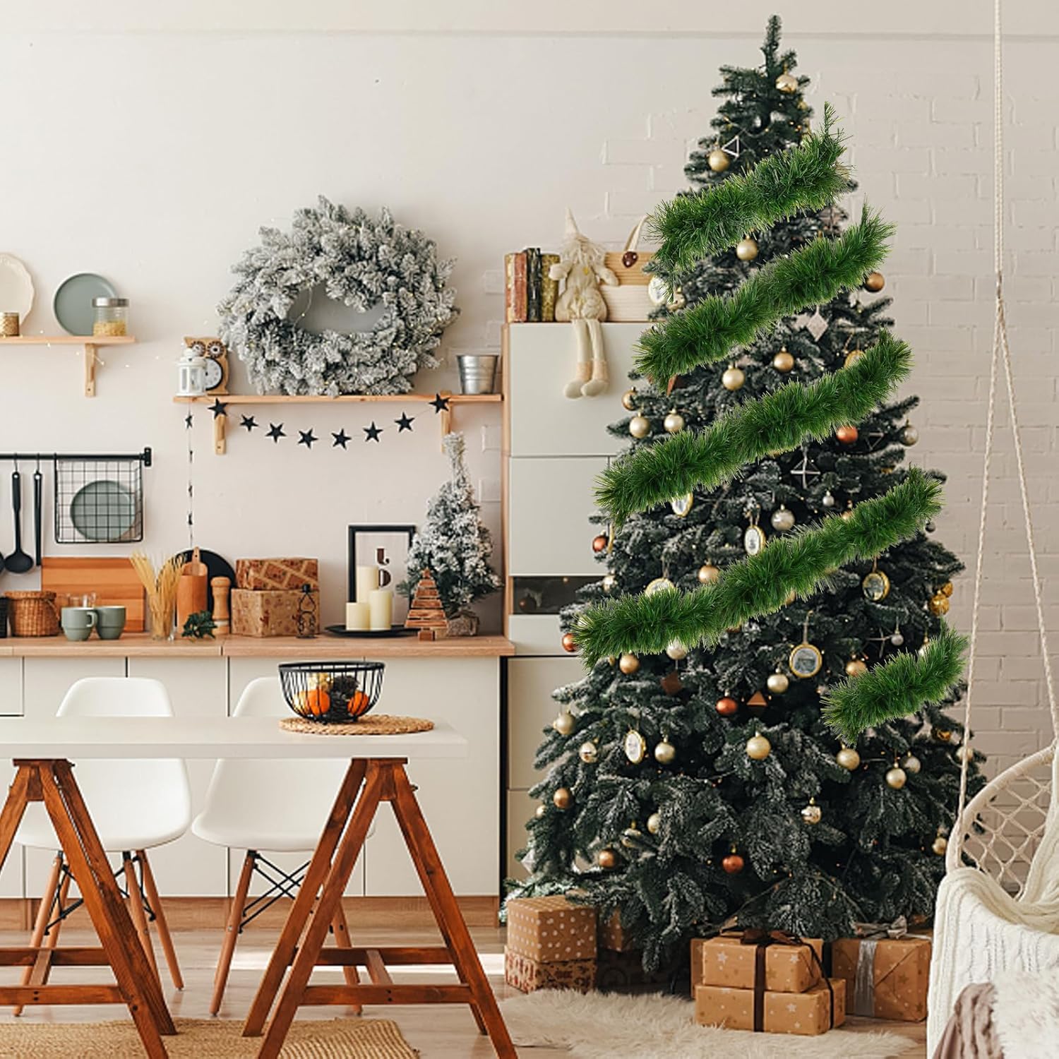 Skiennix Green Garland - 50Ft Non-Lit Tinsel Stems for Christmas Decor | Soft Twist for Tree, Stairs, and Mantle