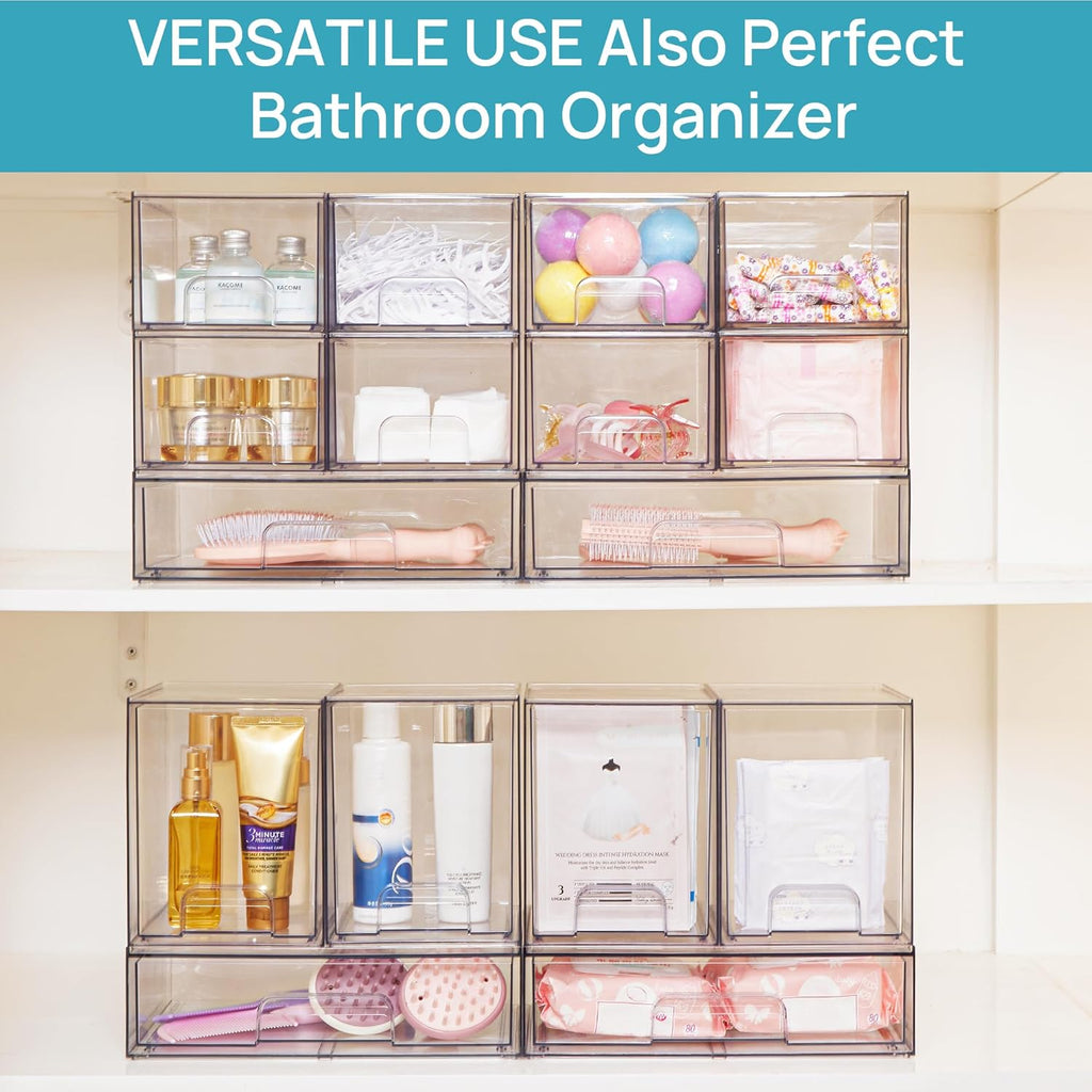 Vtopmart Clear Stackable Storage Drawers - 7.6" Plastic Organizers for Skincare & Cosmetics | 4-Pack