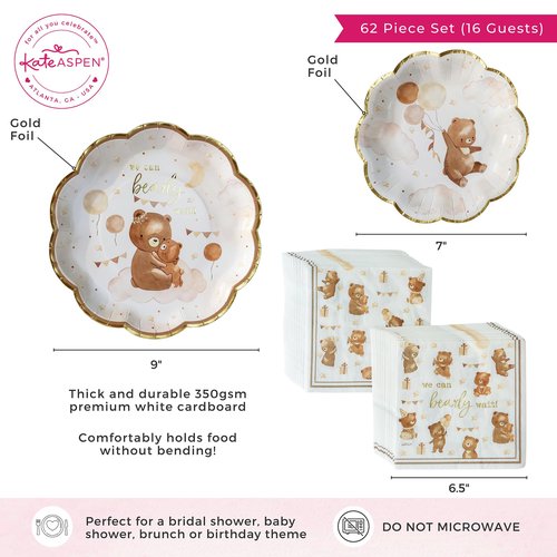 Kate Aspen We Can Bearly Wait Baby Shower Plates and Napkins Party Decorations Plates & Napkins; Adorable & Classic Teddy Bear Baby Shower (62 Piece - 16 Guests)