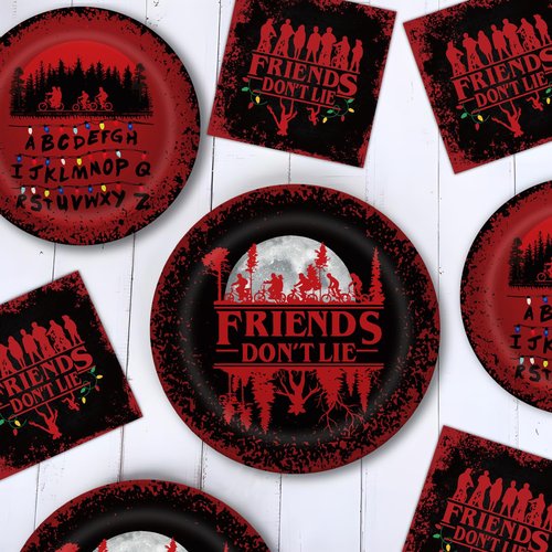 41 Stranger Birthday Party Decorations Include 20 Paper Plates of 2 Size, 20 Napkins,1 42.5x70.8inch Waterproof Plastic Tablecloth Red and Black Birthday Tableware Set