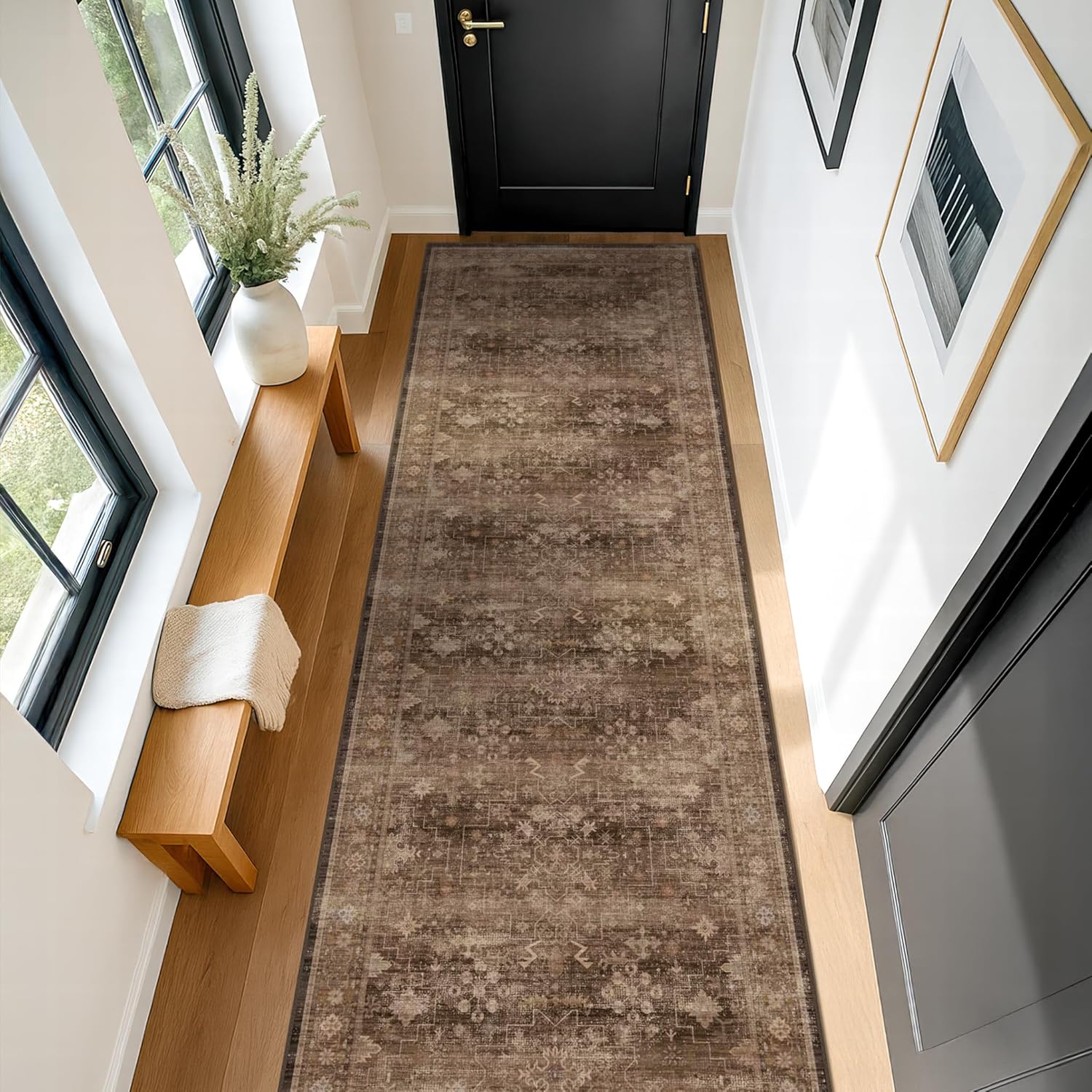 Regine Switzerland Brown Washable Long Runner Rug - Non-Slip Rubber Backing | 3x8 ft Boho Vintage Design for Hallways & Entryways