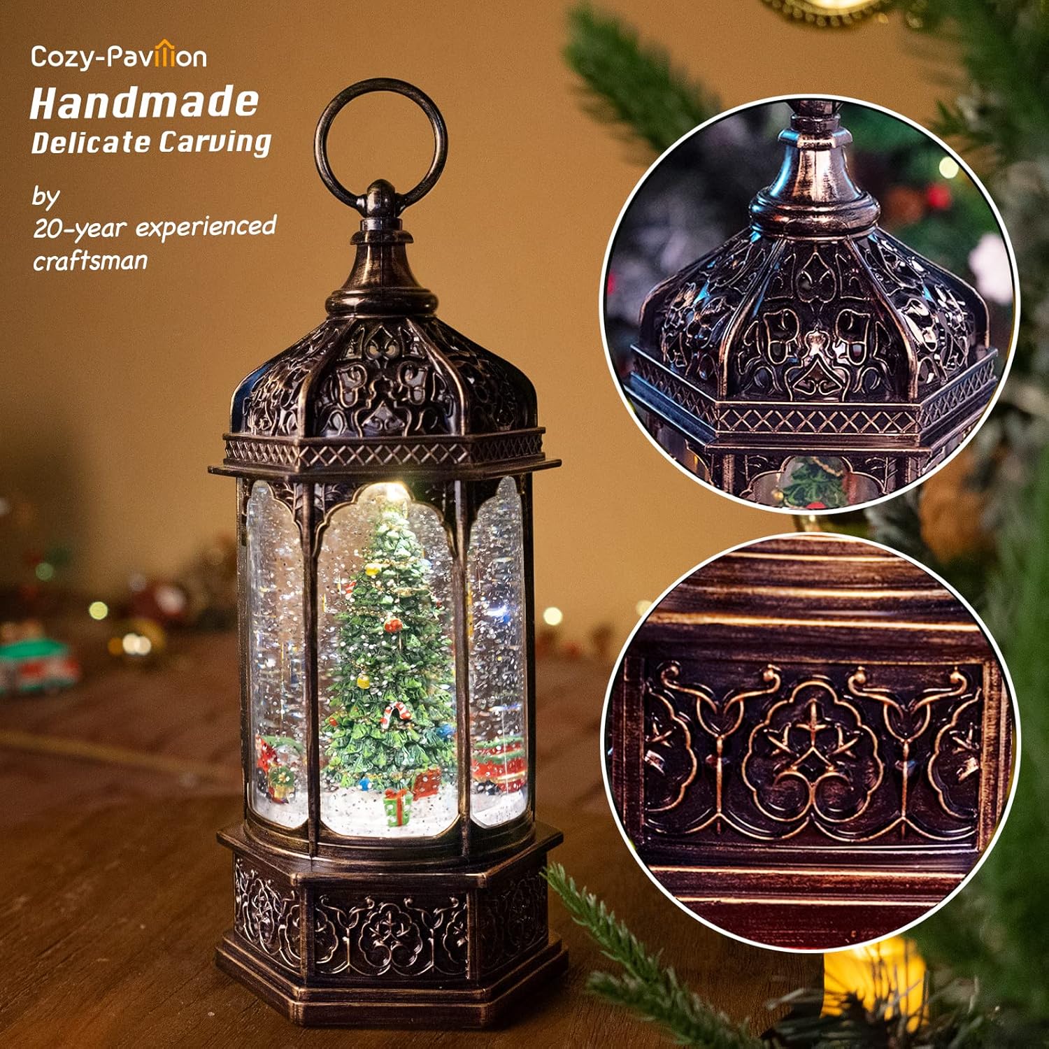 Musical Christmas Tree Snow Globe - Rotating Trains with Timer | 12.7'' Decorative Music Box for Adults