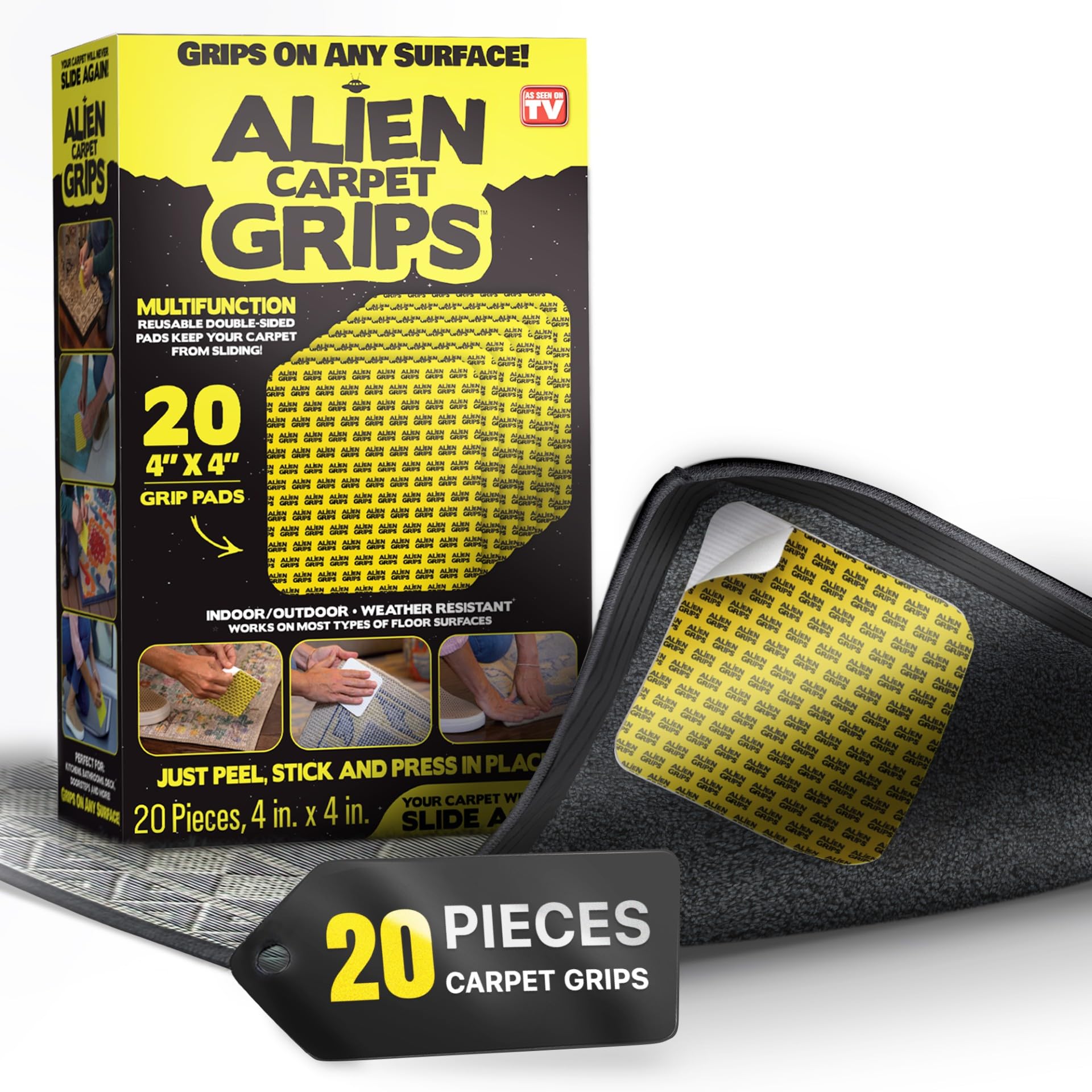 Alien Grip Rug Gripper Carpet Tape - 20pcs, 4x4 in. Anti-Slip Hardwood, Tile Floor, No Damage - Double Sided Reusable, Non Slip Corner Rug Pads - As Seen on TV