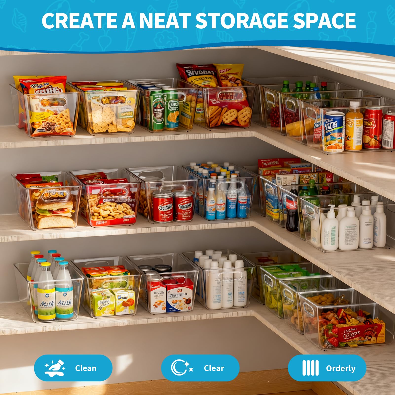 KJIXYUNG 6 Pack Clear Stackable Storage Bins with Lids, Large Plastic Pantry Organizers and Storage Containers for Kitchen Cabinet, Fridge, Closet, Bathroom - BPA-Free Home Organization Must Haves