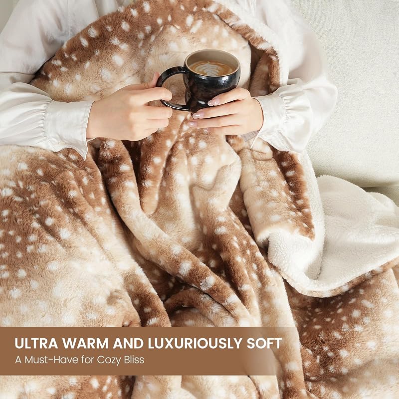 Cozy Bliss Deer Print Faux Fur Throw Blanket 50" x 60" – Brown Deer, 400GSM + 200GSM Sherpa