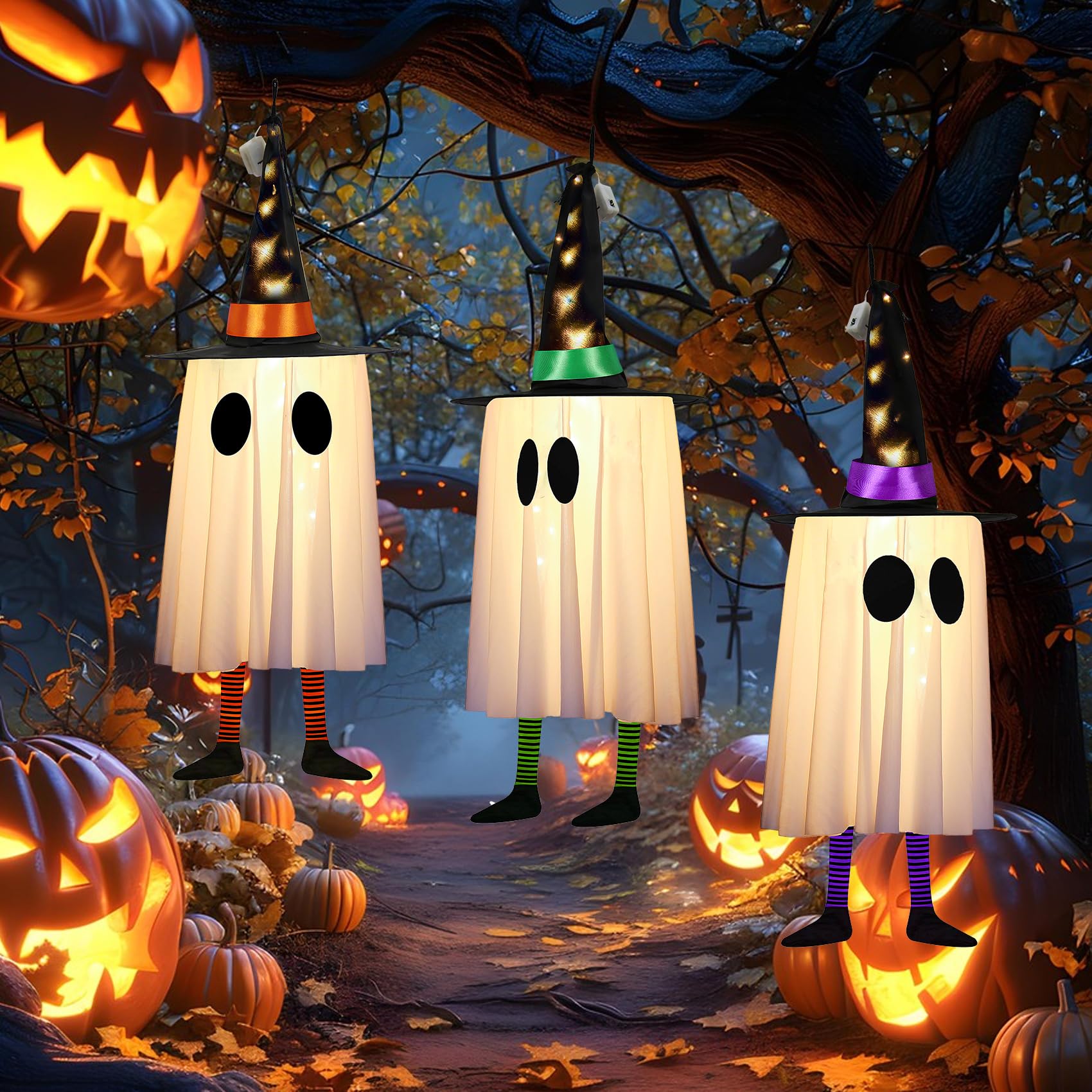 Halloween Decorations Outdoor,Set of 3 Halloween Hanging Decor with Cone Caps, Multiple Lighting Effects, Cute Lighted Glowing Spirits Pointed Hat for Yard Tree Porch Party Decor