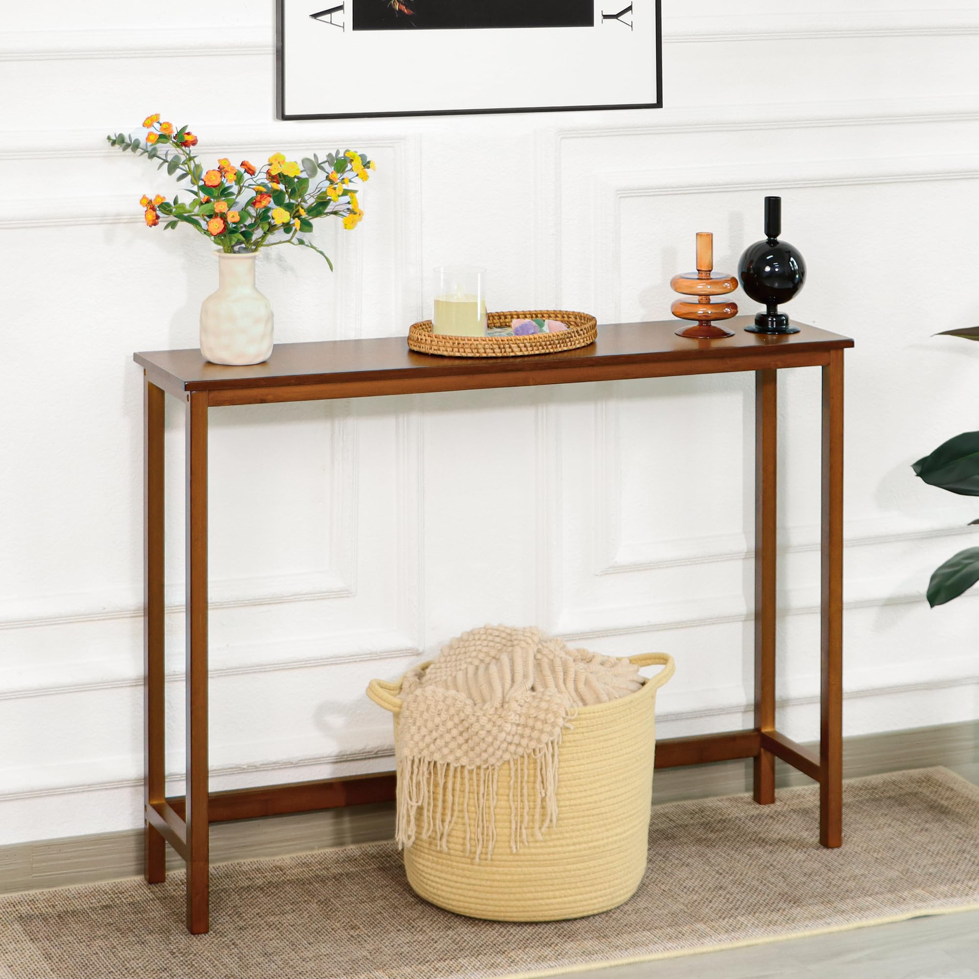 Mordchil HF Bamboo Narrow Console Table, 39.4"(L) Wood Small Entryway Table, Accent Slim Hallway Tables, Thin Sofa Side Tables for Hallway, Living Room, Bedroom, Foyer, Walnut
