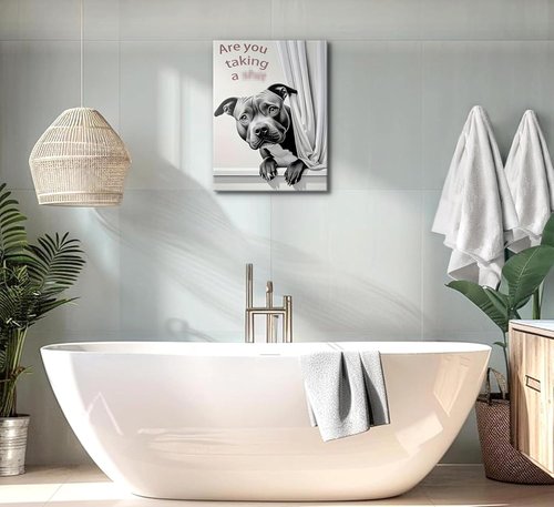 KADEYEE Funny Dog Bathroom Wall Art - French Bulldog Peeking Into Toilet | Black & White Framed Print 12x16 Inch