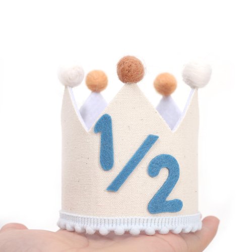 BASCT Blue and Cream 1/2 Birthday Hat for Baby Boys – Halfway to One Birthday Crown, Light Blue Felt Number Half Bday Decorations, 6 Months Milestone Party Hat for Baby Boy Photo Prop