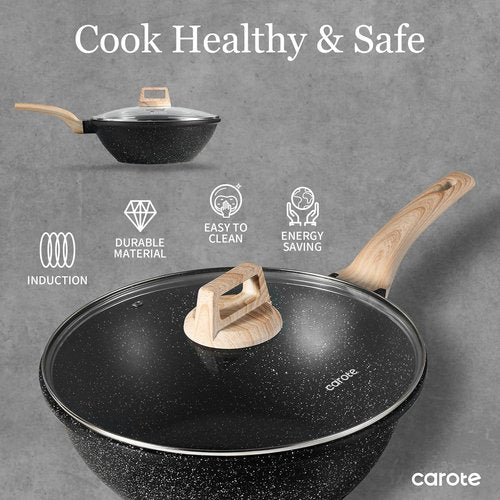 CAROTE Non Stick Wok with Lid 12''/5.3QT Woks & Stir-fry Pans Nonstick Granite Wok Pan Induction Cookware Deep Frying Pan, Compatible with All Stovetops