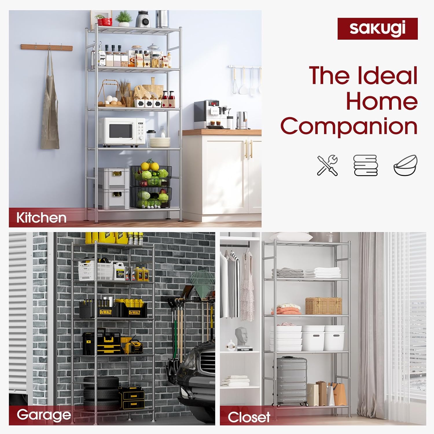 Sakugi 5-Tier Storage Shelves - Heavy-Duty Metal Organizer for Garage, Pantry & Closet | 33"W x 12.6"D x 72"H, Silver
