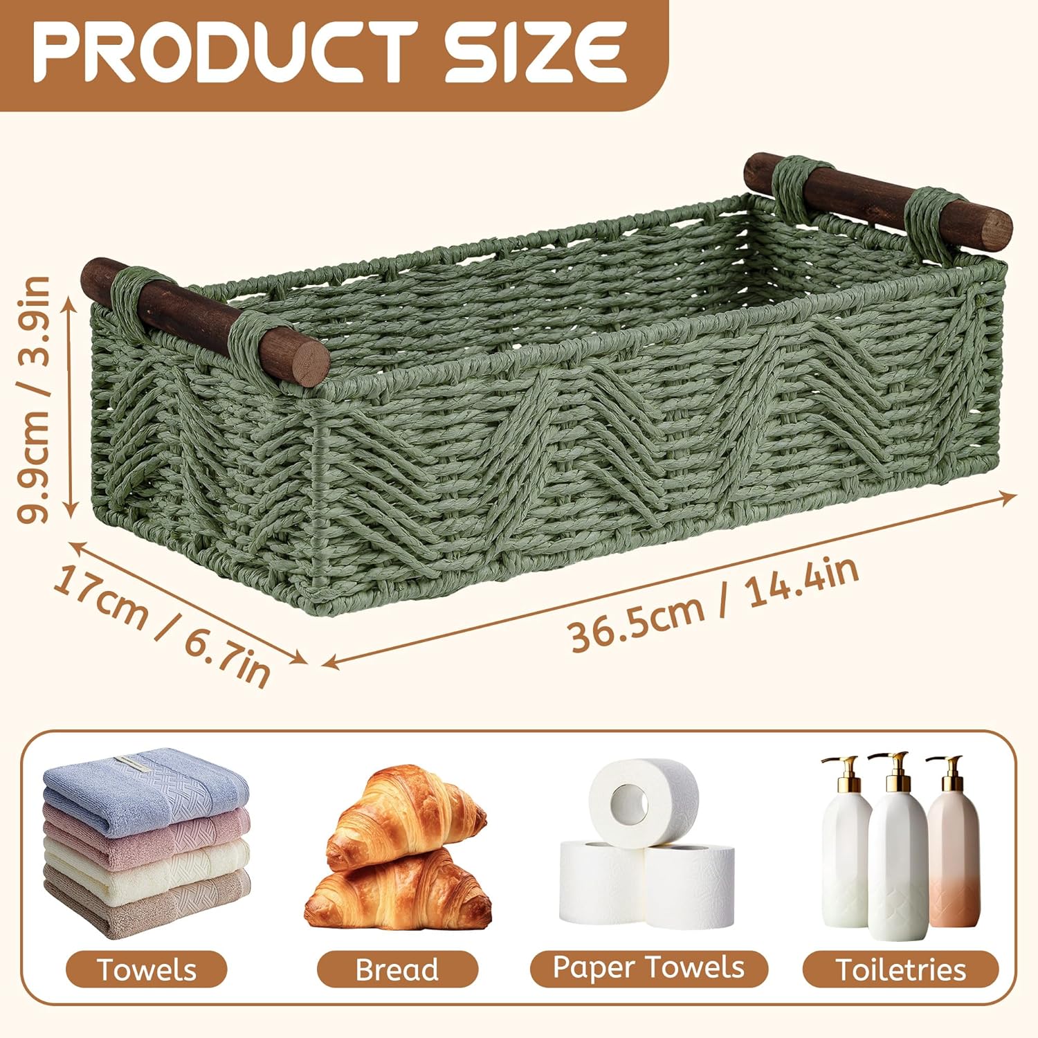 Skiennix Bathroom Baskets - Decorative Organizing Set with Handle for Countertop Storage | Green