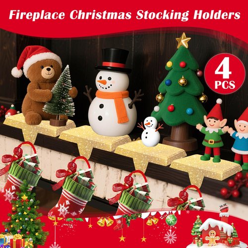 GoClimber Christmas Stocking Holders for Mantle Set of 4, Weighted Stocking Holder Fireplace Stocking Hangers for Xmas Holiday Party Decoration