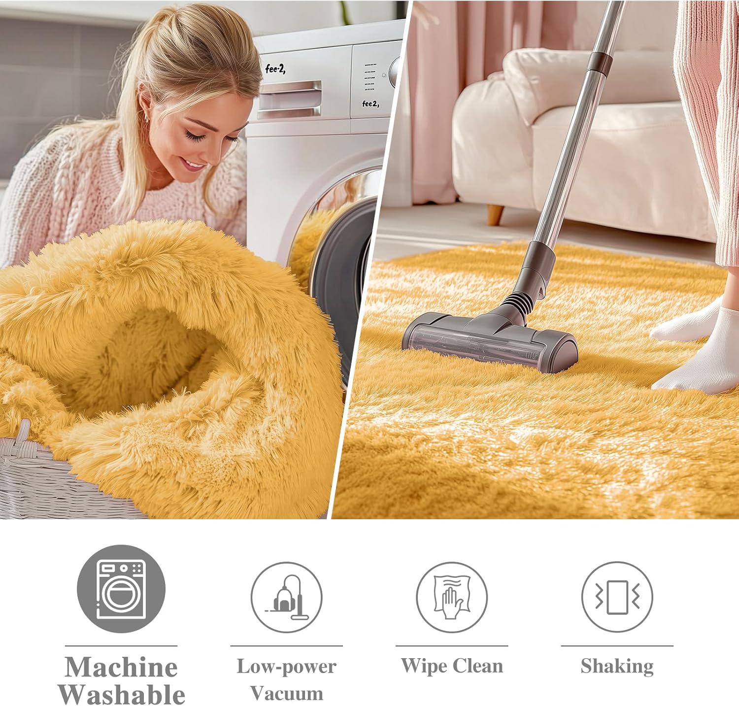OLANLY Mustard Yellow Round Rug - Soft, Fluffy Shaggy Carpet | 7 ft Machine Washable Area Rug for Bedroom, Living Room, Nursery Decor