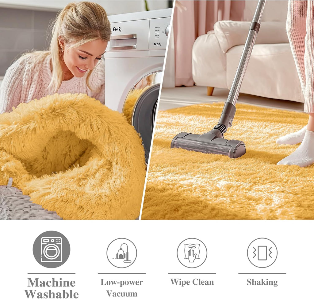 OLANLY Round Mustard Yellow Rug - Soft, Fluffy Shaggy Carpet for Bedroom, 4 ft Circle Area Rug | Machine Washable