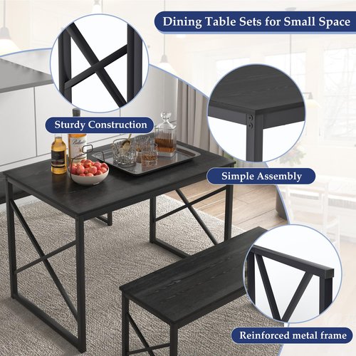 VECELO Kitchen Dining Table Benches Set for 4, 43.3" Wooden Dinette with 2 Benches, Heavy-Duty Dining Room Table for Small Space, Breakfast Nook, Black