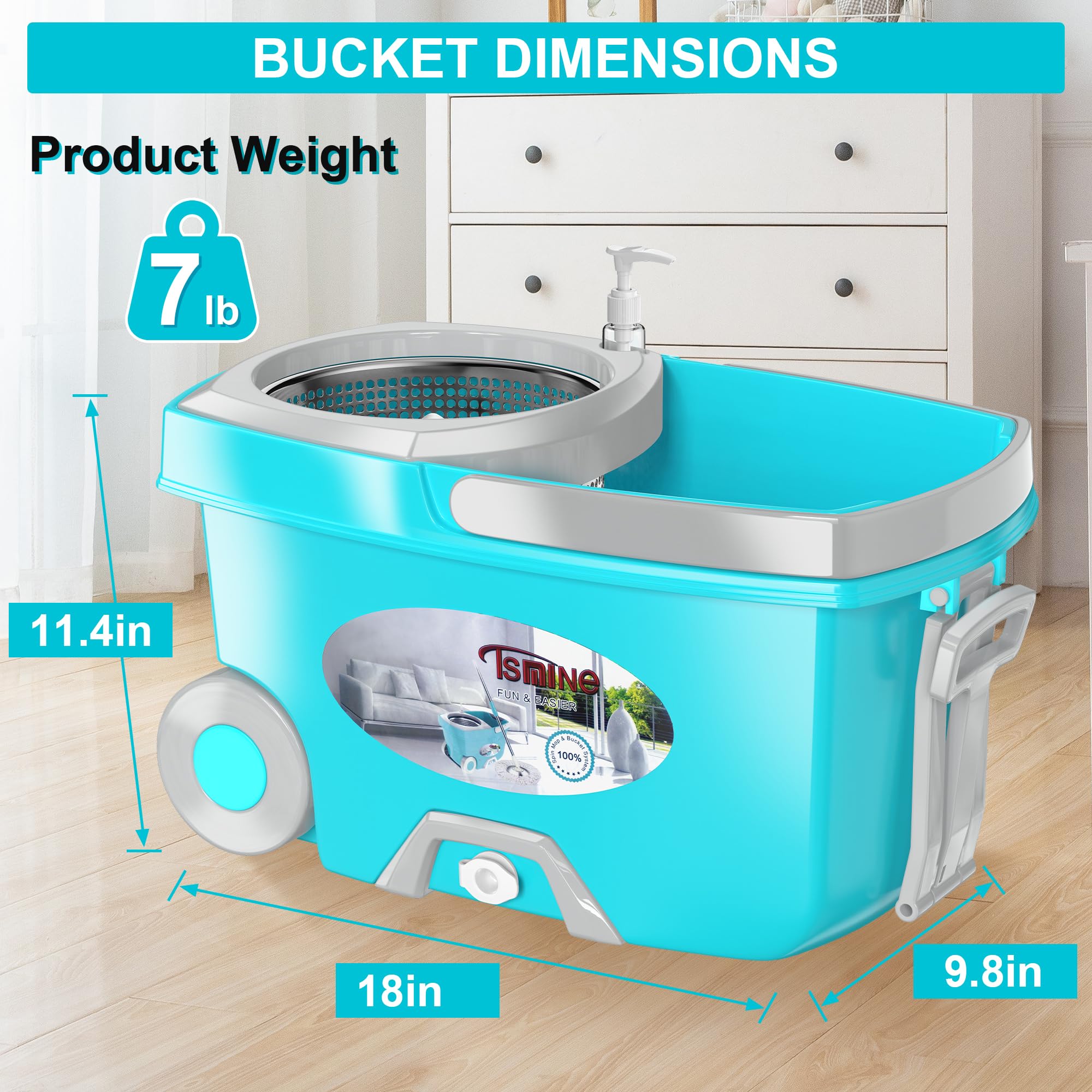 FunClean Spin Mop and Bucket for Home Cleaning, 360° Rotating Floor Mop with Wringer, Adjustable 61" Handle for Back Pain Relief, 6 Microfiber Replacement Heads, 2 Easy-Move Wheels - Blue
